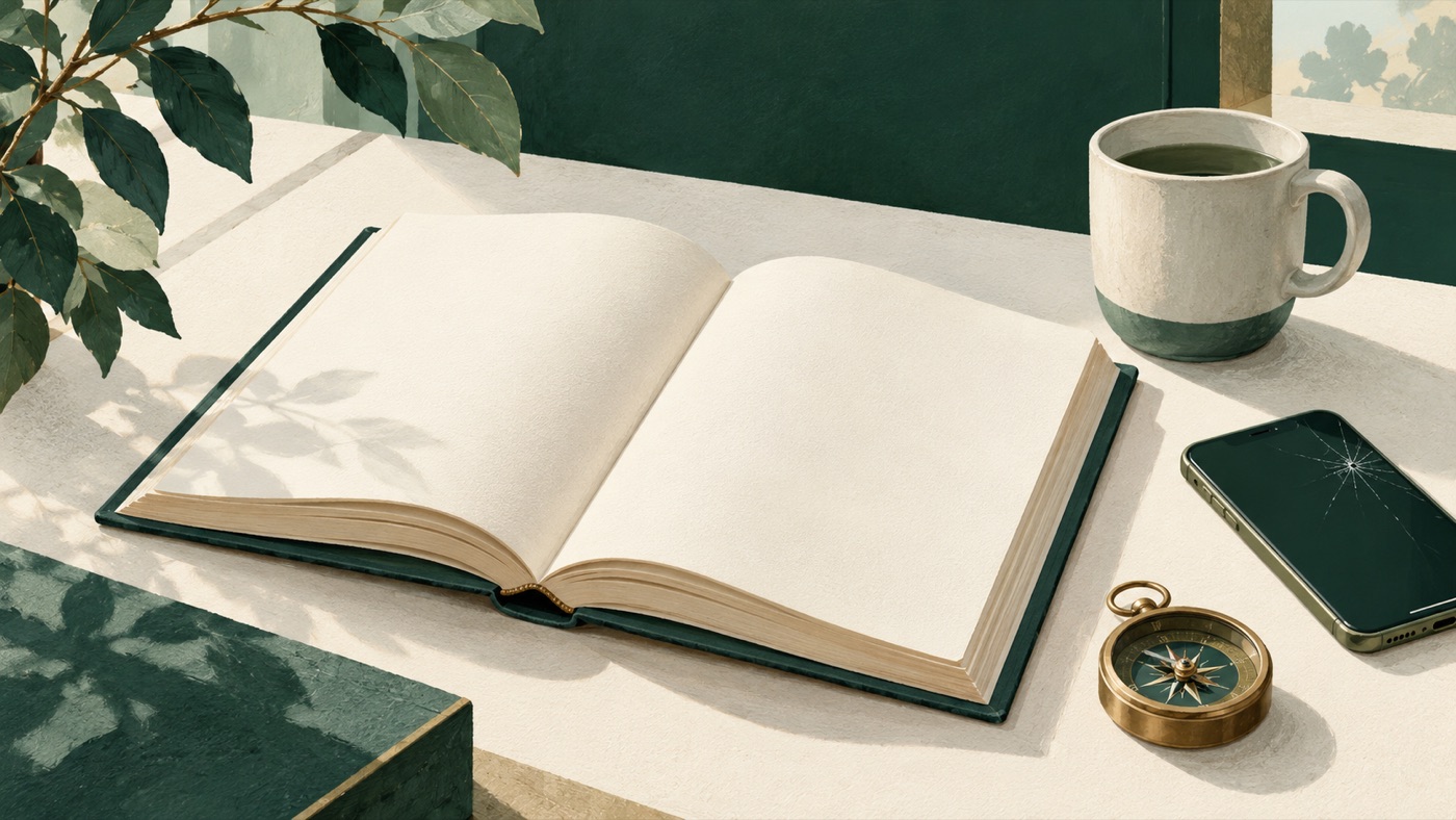 Открытая книга, компас и смартфон на светлом столе